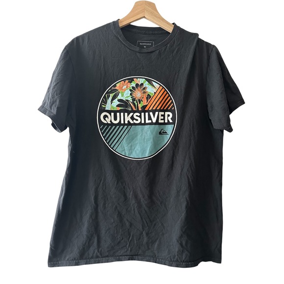 Quiksilver Graphic T-Shirt Men's Large Black Floral Surf Skate Tee - Picture 1 of 4